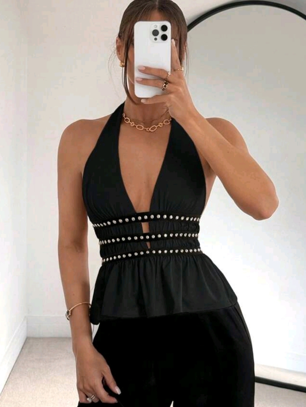 Black Studded Halter Peplum Top - Picture 3 of 6